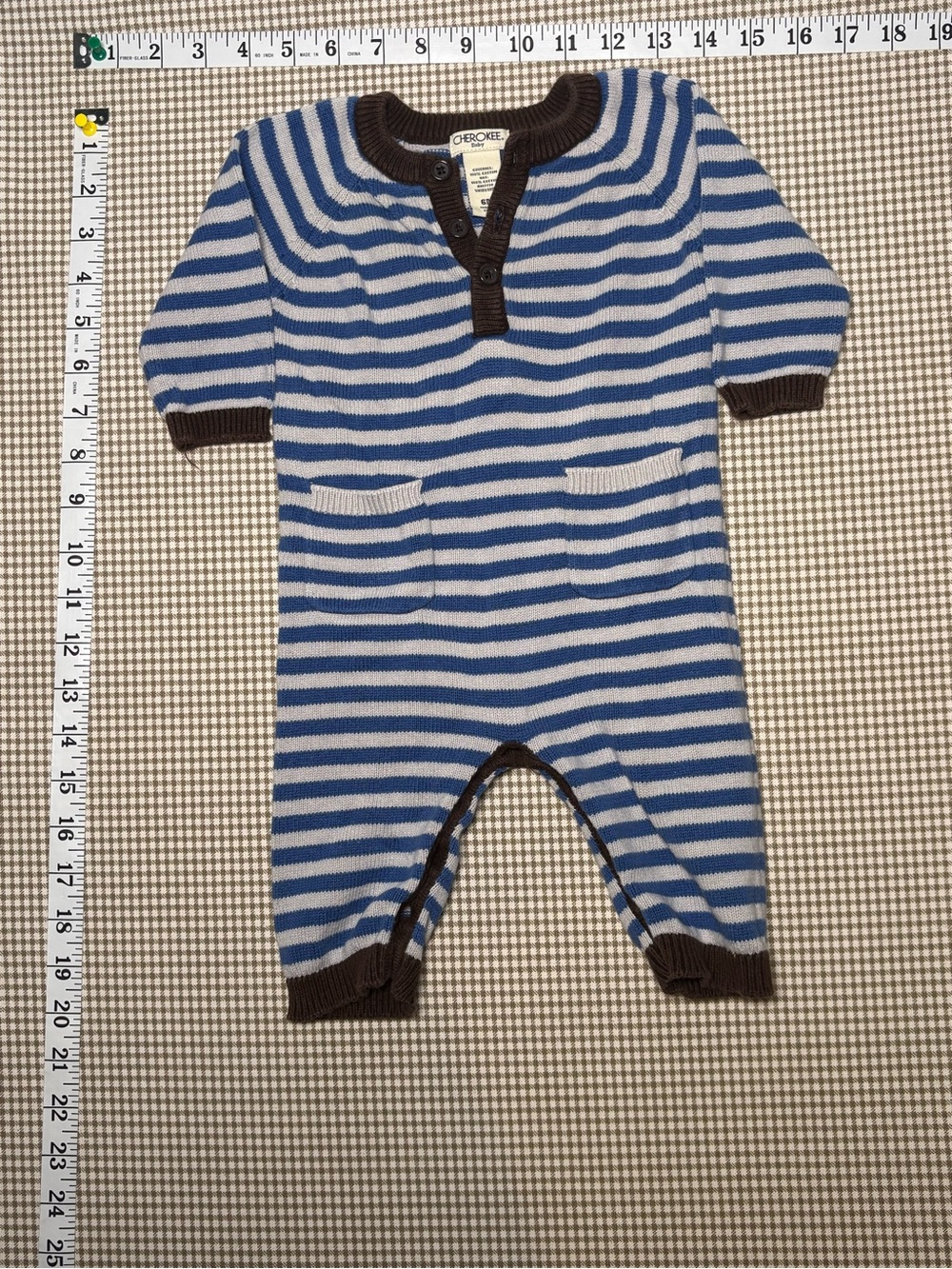 Y2K Cherokee Baby Blue White Striped Knit Romper 6M Henley One Piece